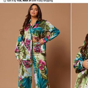 Fashion Nova Tropical Floral Wide-Leg Pants Set - Teal, Green, Pink
